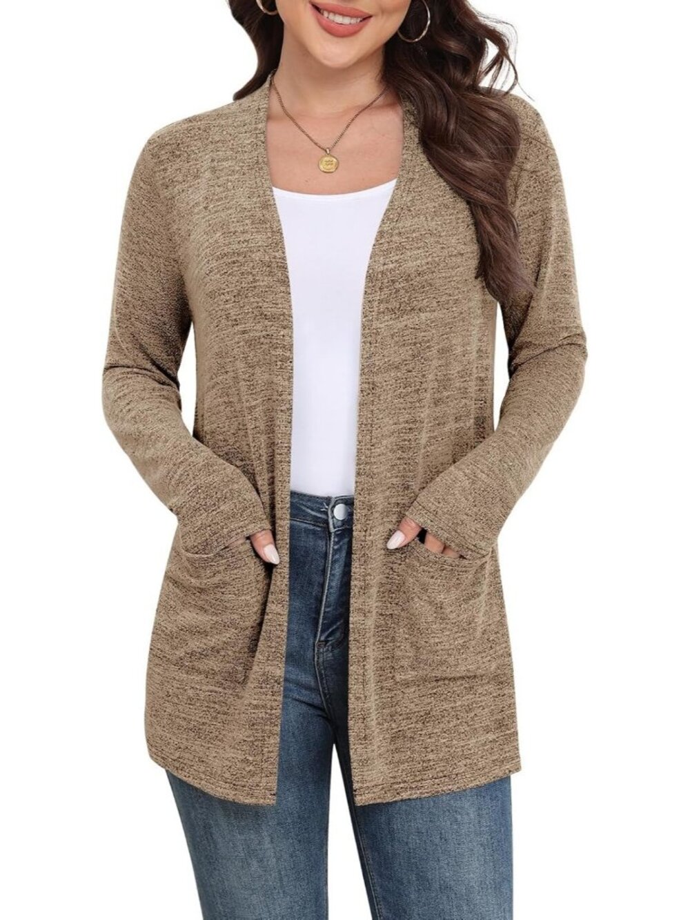 Women's Brown Lightweight Cardigan Long Sleeve Open Front with Pockets Sweater